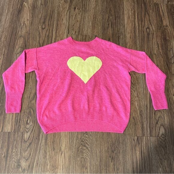 Vince Camuto Fuzzy Long Sleeve Sweater Bright Pink with Yellow Heart Size XS - Picture 2 of 10